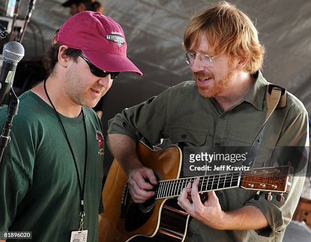 Jon Fishman and Trey Anastasio backstage at the Odeum Stage during the Rothbury Music Festival 08 on July 6, 2008 in Rothbury, Michigan.