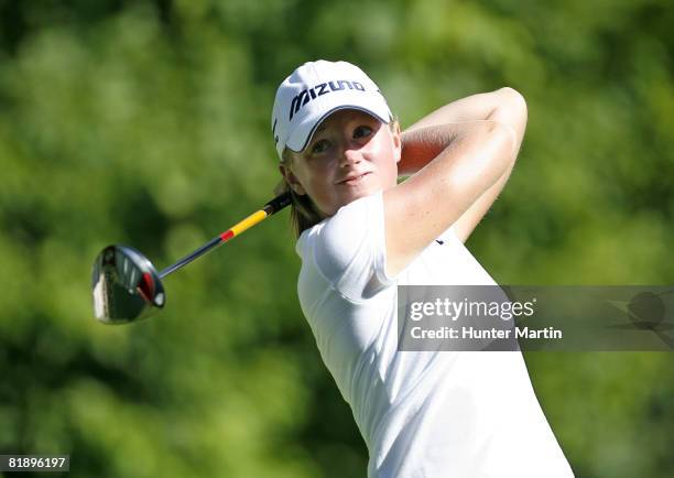 Stacy Lewis hits her tee shot on the 11th hole during the first round of the Jamie Farr Owens Corning Classic at Highland Meadows Golf Club on July...