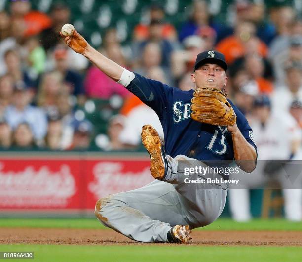 Kyle Seager of the Seattle Mariners throws to first base but unable to retire Jose Altuve of the Houston Astros in the third inning at Minute Maid...