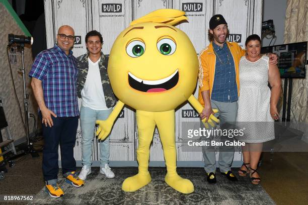 Writer/director Tony Leondis, Jake T. Austin, Gene the Emoji, T.J. Miller and producer Michelle Raimo Kouyate attend the Build Series to discuss the...