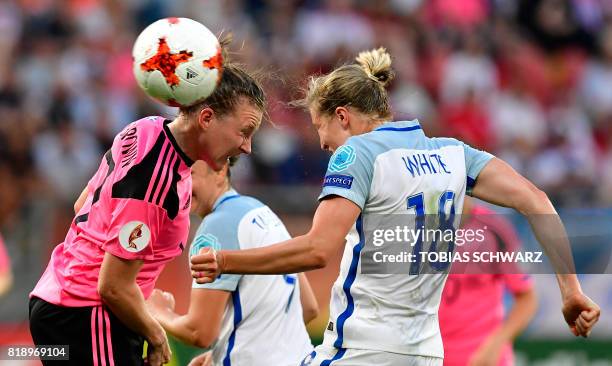 Scotland's defender Frankie Fantom Brown heads the ball with England's forward Ellen White during the UEFA Women's Euro 2017 football match between...