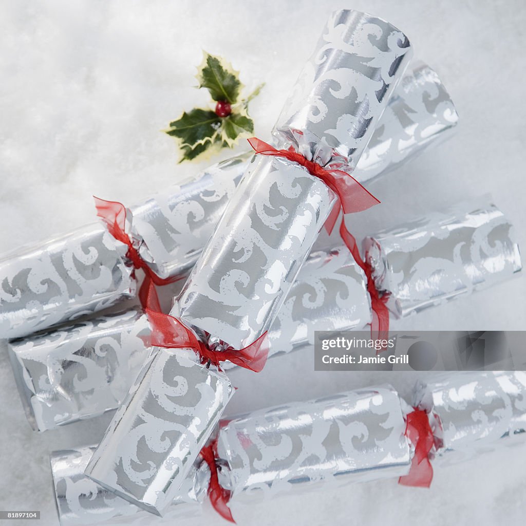 Close up of Christmas gifts in snow