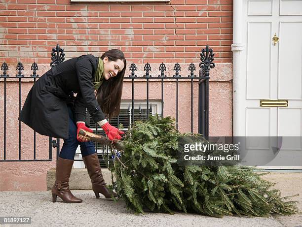 woman pulling christmas tree on urban sidewalk - drag christmas tree stock pictures, royalty-free photos & images
