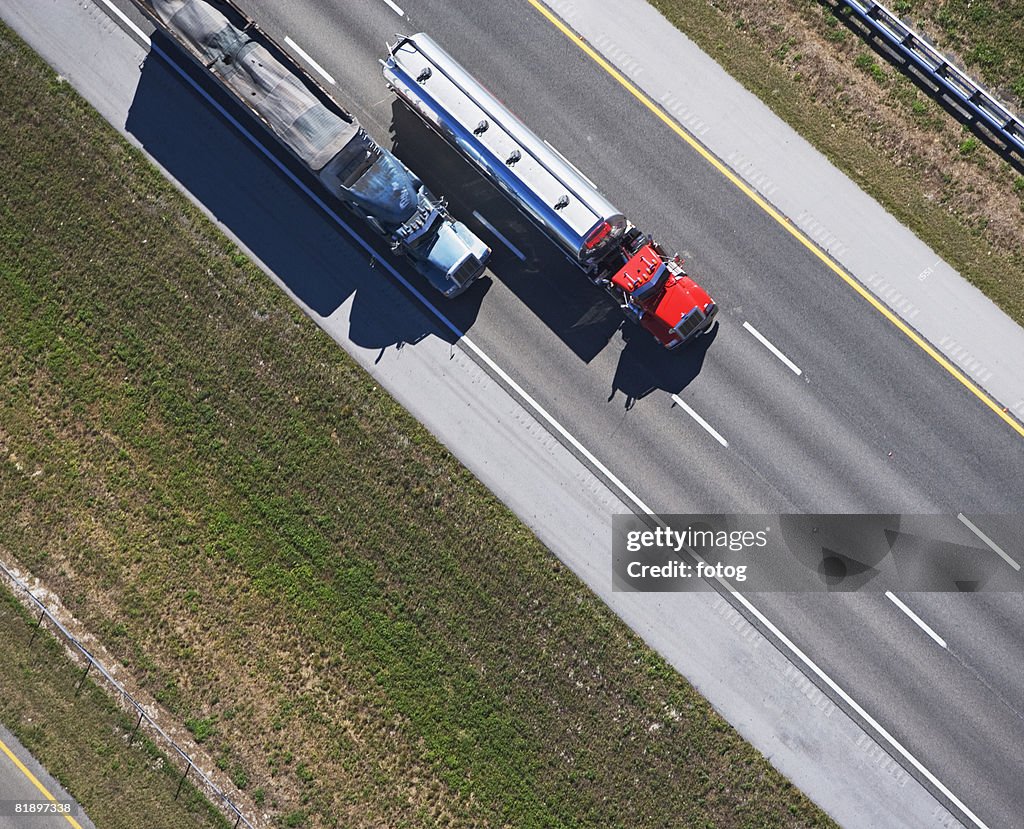 Aerial view of trucks on highway