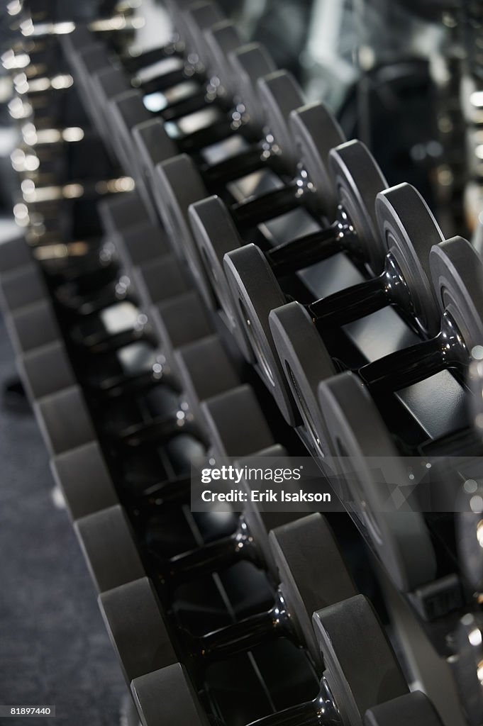 Close up of rows of free weights