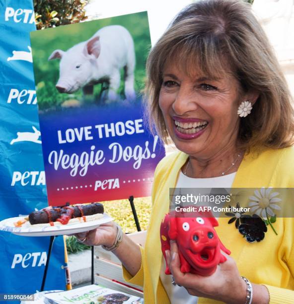 Rep Jackie Speier visits the People for the Ethical Treatment of Animals veggie dog giveaway on Capitol Hill July 19 countering a National Hot Dog...