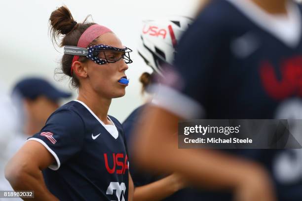 Megan Douty of USA during the quarter final match between USA and Israel during the 2017 FIL Rathbones Women's Lacrosse World Cup at Surrey Sports...