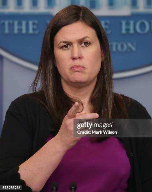 White House deputy press secretary Sarah Huckabee Sanders, conducts her press briefing at the James Brady Press Briefing Room on July 19, 2017 in...