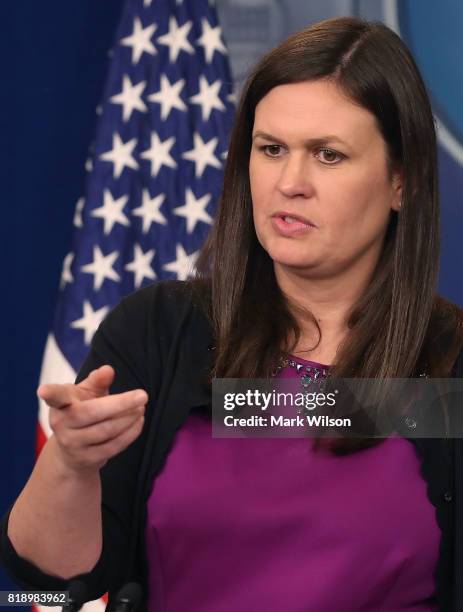 White House deputy press secretary Sarah Huckabee Sanders, conducts her press briefing at the James Brady Press Briefing Room on July 19, 2017 in...