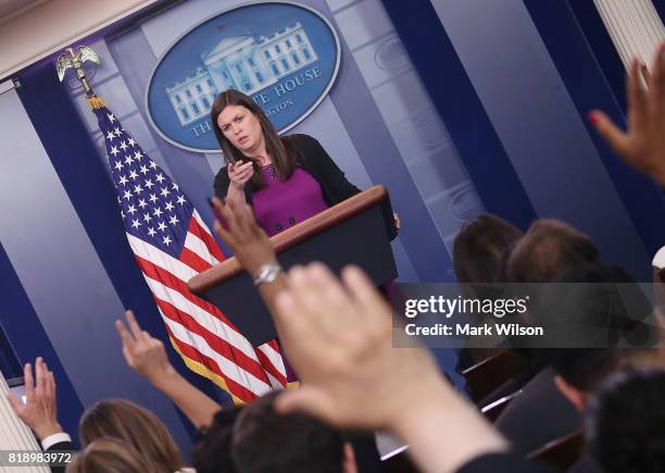 White House deputy press secretary Sarah Huckabee Sanders, conducts her press briefing at the James Brady Press Briefing Room on July 19, 2017 in...