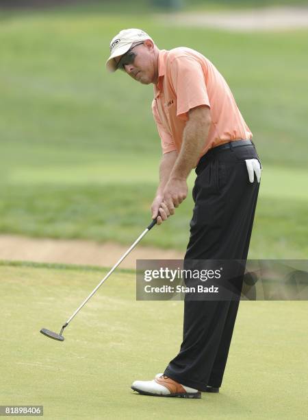 Frank Lickliter II watches his putt during the third round of the AT&T National held on the Blue Golf Course at Congressional Country Club on July 5,...