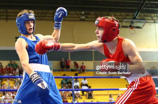 Dominic Bradley of Northern Ireland competes against Rhys Tomas Edwards of Wales in the Boy's 60 kg Preliminary Bout Boxing on day 2 of the 2017...