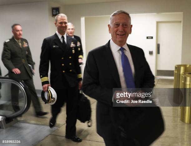 Secretary of Defense James Mattis arrives for an all-senators closed briefing on ISIL in the U.S. Capitol on July 19, 2017 in Washington, DC. The...