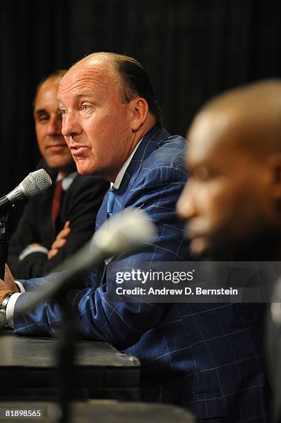 Los Angeles Clippers President Andy Roeser and Head Coach Mike Dunleavy of the Los Angeles Clippers speak to the media during a press conference on...