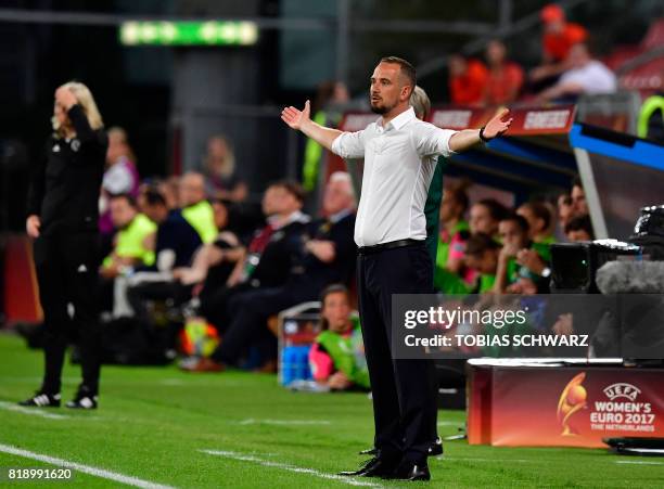 England's head coach Mark Sampson reacts during the UEFA Women's Euro 2017 football tournament match between England and Scotland at Stadium...