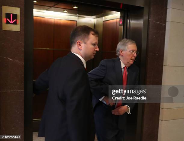 Senate Majority Leader Mitch McConnell arrives for an all-senators closed briefing on ISIL in the U.S. Capitol on July 19, 2017 in Washington, DC....