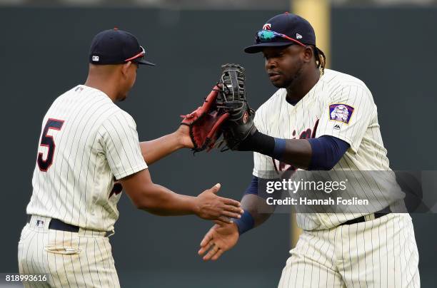Eduardo Escobar and Miguel Sano of the Minnesota Twins celebrates winning the game against the New York Yankees on July 19, 2017 at Target Field in...