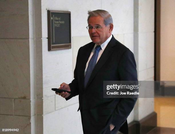 Sen. Bob Menendez arrives for an all-senators closed briefing on ISIL in the U.S. Capitol on July 19, 2017 in Washington, DC. The Senators were...