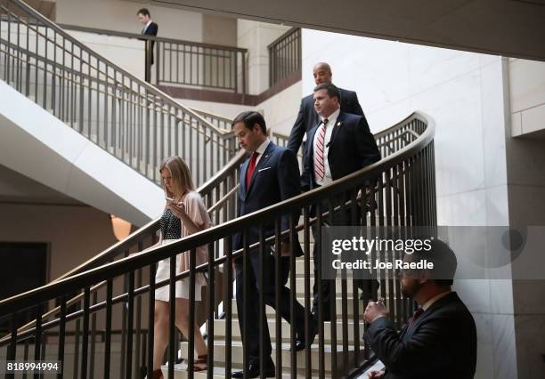 Sen. Marco Rubio arrives for an all-senators closed briefing on ISIL in the U.S. Capitol on July 19, 2017 in Washington, DC. The Senators were...