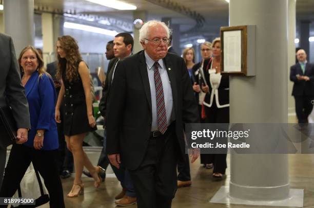 Sen. Bernie Sanders arrives for an all-senators closed briefing on ISIL in the U.S. Capitol on July 19, 2017 in Washington, DC. The Senators were...