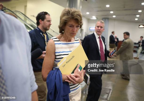 Sen. Lisa Murkowski arrives for an all-senators closed briefing on ISIL in the U.S. Capitol on July 19, 2017 in Washington, DC. The Senators were...