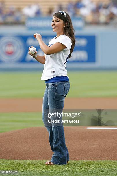 DeAnna Pappas of the The Bachelorette throws the opening pitch before the game between the Florida Marlins and the Los Angeles Dodgers at Dodger...