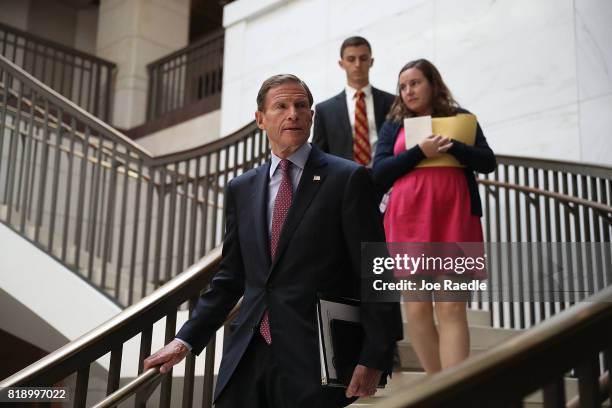 Sen. Richard Blumenthal arrives for an all-senators closed briefing on ISIL in the U.S. Capitol on July 19, 2017 in Washington, DC. The enators were...