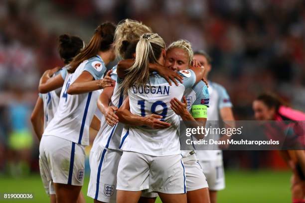 England's Toni Duggan celebrates with Steph Houghton and team mates after scoring the final goal of the game during the UEFA Women's Euro 2017 Group...