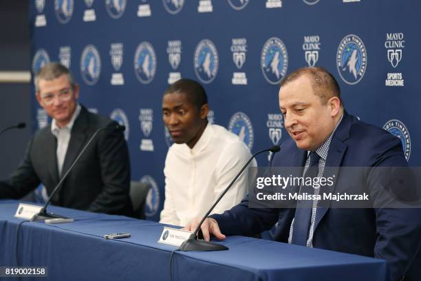 Scott Layden, General Manager, Jamal Crawford and Tom Thibodeau, President of Basketball Operations/Head Coach of the Minnesota Timberwolves speaks...