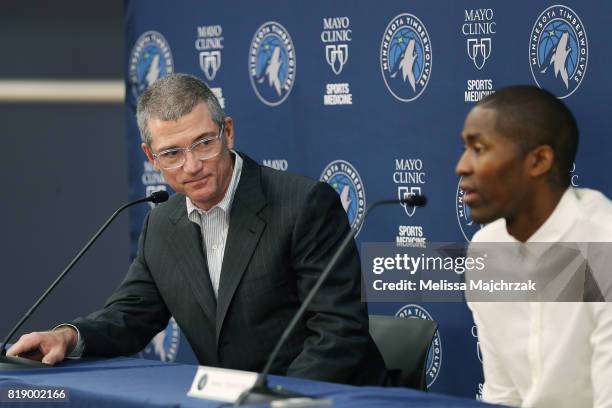 Scott Layden, General Manager and Jamal Crawford of the Minnesota Timberwolves speaks to the press at The Courts at Mayo Clinic Square on July 19,...