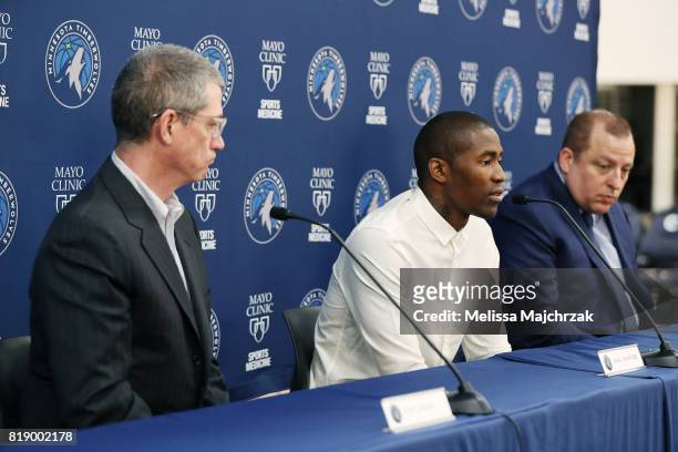 Scott Layden, General Manager, Jamal Crawford and Tom Thibodeau, President of Basketball Operations/Head Coach of the Minnesota Timberwolves speaks...