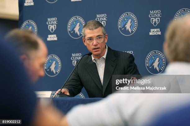 Scott Layden, General Manager of the Minnesota Timberwolves speaks to the press regarding Jamal Crawford signing to the Minnesota Timberwolves at The...