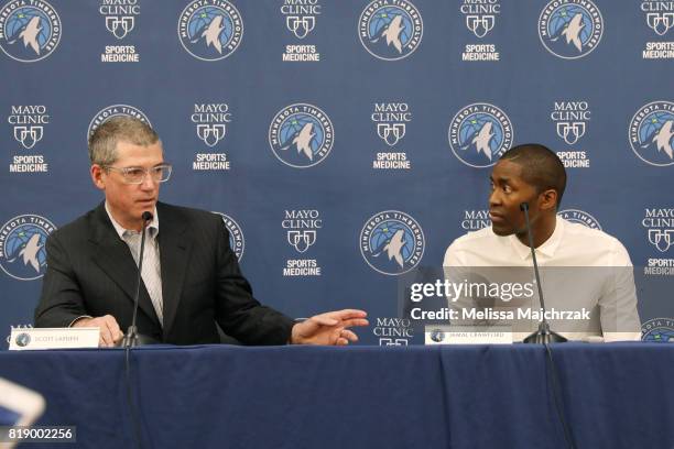 Scott Layden, General Manager and Jamal Crawford of the Minnesota Timberwolves speaks to the press signing to the Minnesota Timberwolves at The...