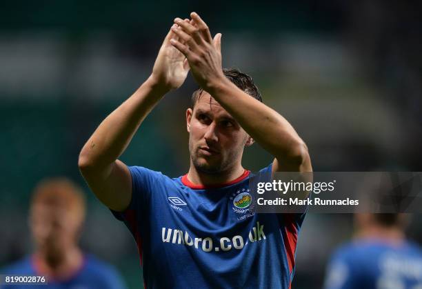 Andrew Waterworth of Linfield applauds the Linfield fans at the final whistle during the UEFA Champions League Qualifying Second Round, Second Leg...