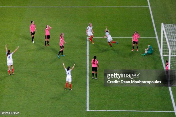 England's Toni Duggan celebrates after scoring the final goal of the game during the UEFA Women's Euro 2017 Group D match between England and...
