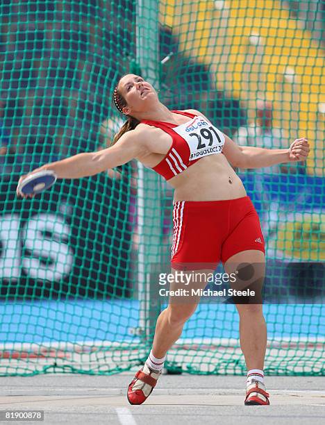 Jenny Ozorai of Hungary in the women's discus qualification competes during day four of the 12th IAAF World Junior Championships at the Zawisza...