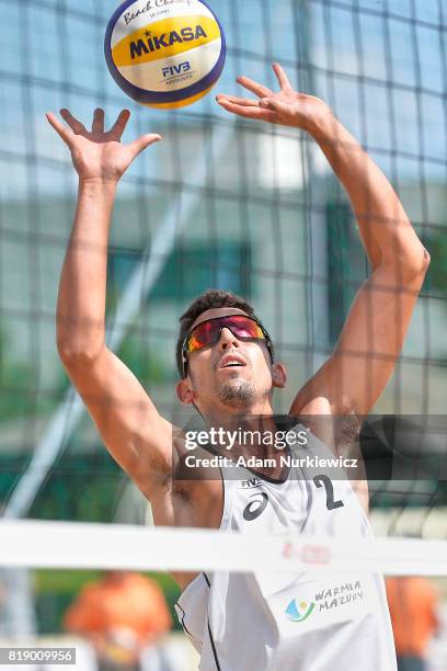 Felipe Humana-Paredes of Canada sets the ball during FIVB Grand Tour - Olsztyn: Day 1 on July 19, 2017 in Olsztyn, Poland.