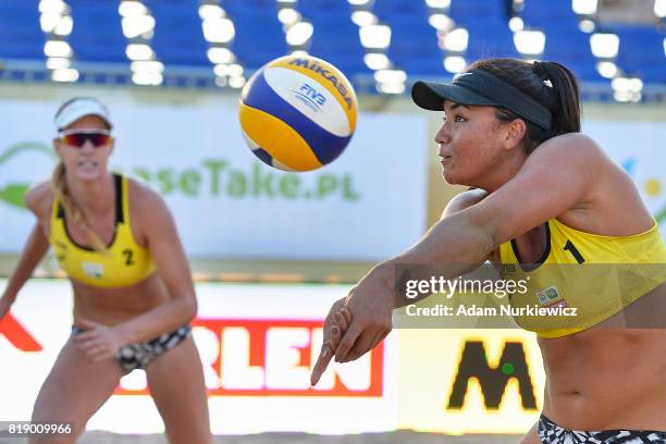 Australians Nicole Laird and Jessyka Ngauamo work together during FIVB Grand Tour - Olsztyn: Day 1 on July 19, 2017 in Olsztyn, Poland.