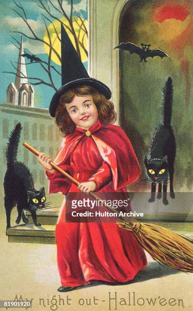 An American Halloween greetings card depicting a girl dressed as a witch and surrounded by black cats and bats, circa 1910. The text reads: 'My night...