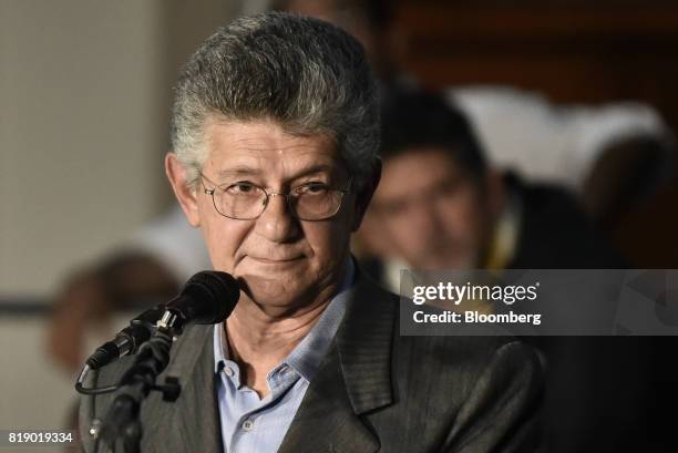 Lawmaker Henry Ramos Allup pauses while speaking during a press conference held by the opposition coalition announcing the goals of a transitional...