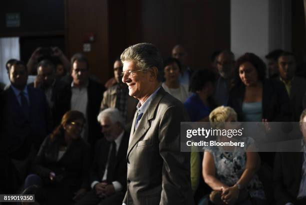 Lawmaker Henry Ramos Allup arrives to a press conference held by the opposition coalition announcing the goals of a transitional government in...