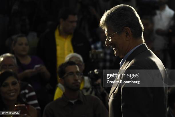 Lawmaker Henry Ramos Allup arrives to a press conference held by the opposition coalition announcing the goals of a transitional government in...