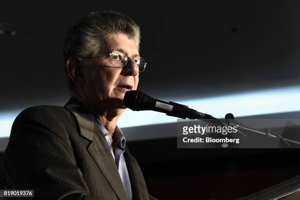 Lawmaker Henry Ramos Allup speaks during a press conference held by the opposition coalition announcing the goals of a transitional government in...