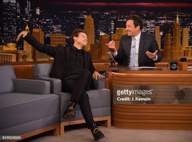 Harry Styles and host Jimmy Fallon visit "The Tonight Show Starring Jimmy Fallon" at Rockefeller Center on July 19, 2017 in New York City.