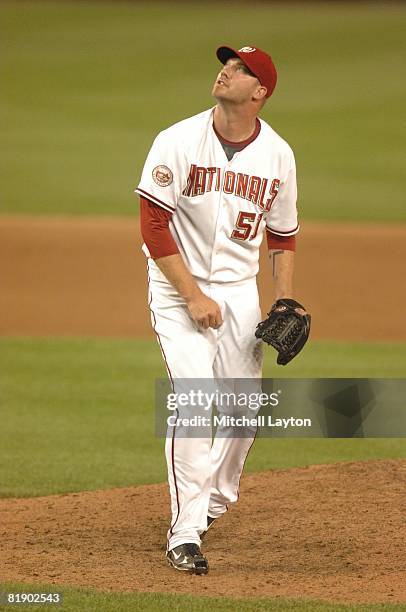 Jon Rauch of the Washington Nationals pitches during a baseball game against the Arizona Diamondbacks on July 9, 2008 at Nationals Park in Washington...