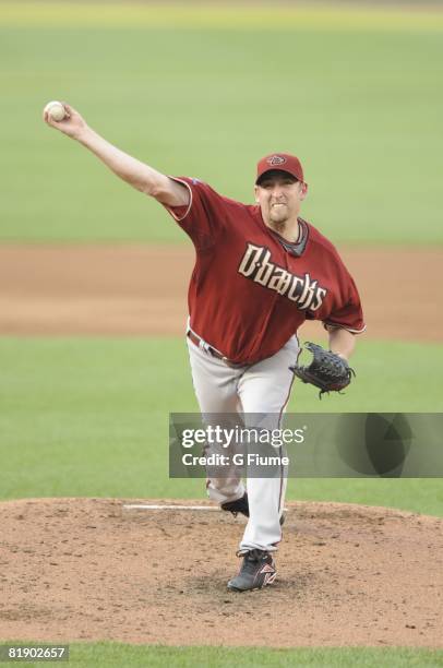 Brandon Webb of the Arizona Diamondbacks pitches against the Washington Nationals July 8, 2008 at Nationals Park in Washington, DC.