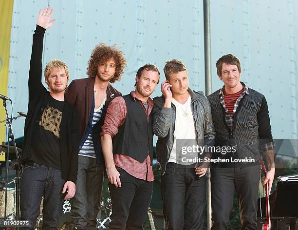 Musicians Drew Brown, Brent Kutzle, Eddie Fisher, Ryan Tedder, and Zach Filkins of One Republic perform on ABC's "Good Morning America" in Bryant...