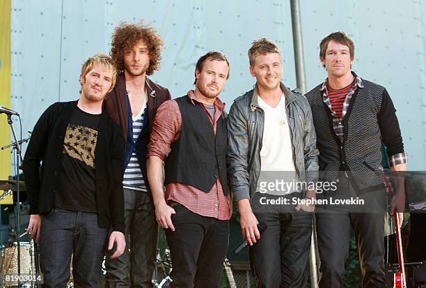 Musicians Drew Brown, Brent Kutzle, Eddie Fisher, Ryan Tedder, and Zach Filkins of One Republic perform on ABC's "Good Morning America" in Bryant...