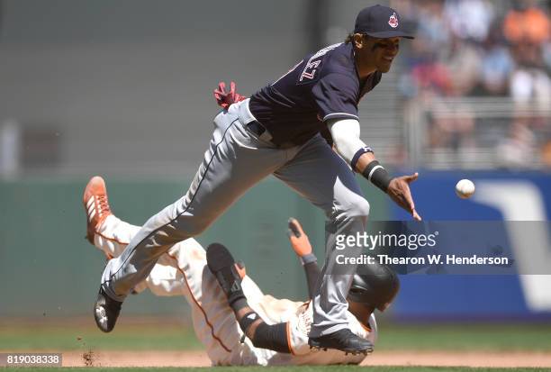 Erik Gonzalez of the Cleveland Indians underhands the ball to first base to complete a double-play after tagging out Eduardo Nunez of the San...