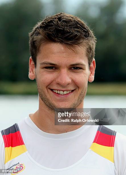 Andreas Penkner of the German eight-man scull poses for the media during a photocall of the German national rowing team on July 11, 2008 in Breisach...